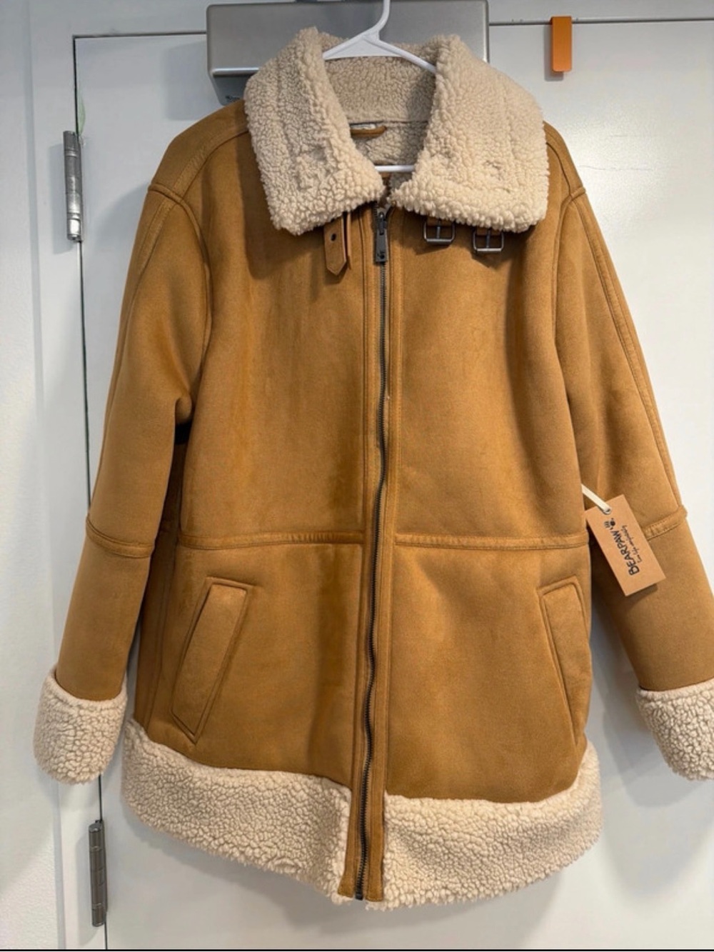 BearPaw Tan Shearling-Trim Pea Coat
